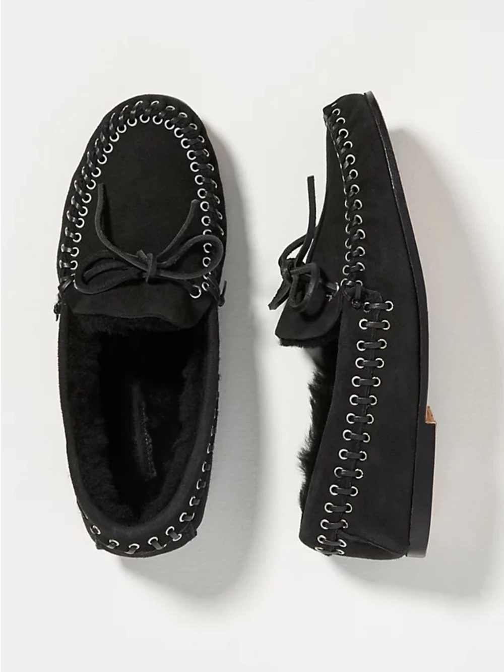 Freda Salvador Black Suede Moccasin Slippers with Fur Lining